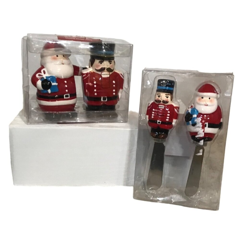 Santa & Nutcracker Salt & Pepper Shakers & Spreaders Gift Set Christmas